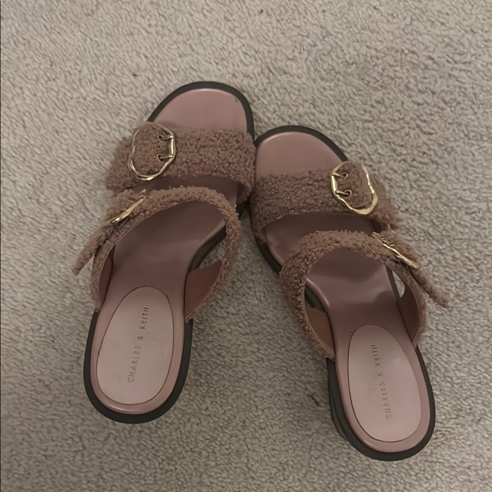 Charles & Keith Brown Fuzzy Sandals with Gold Buckle